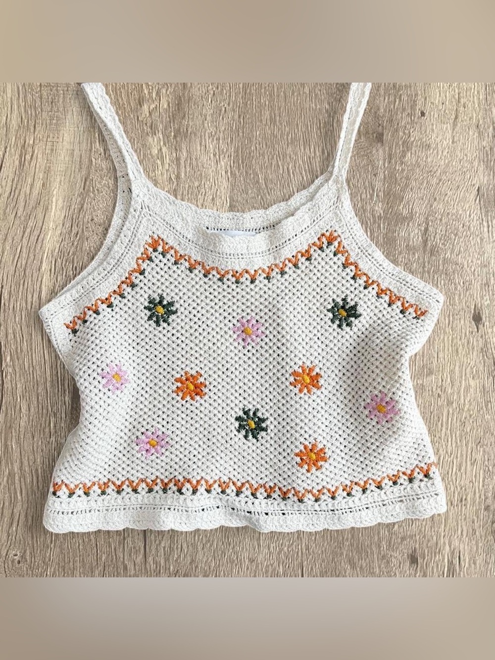 Zara White Crochet Camisole with Orange & Pink Floral Embroidery